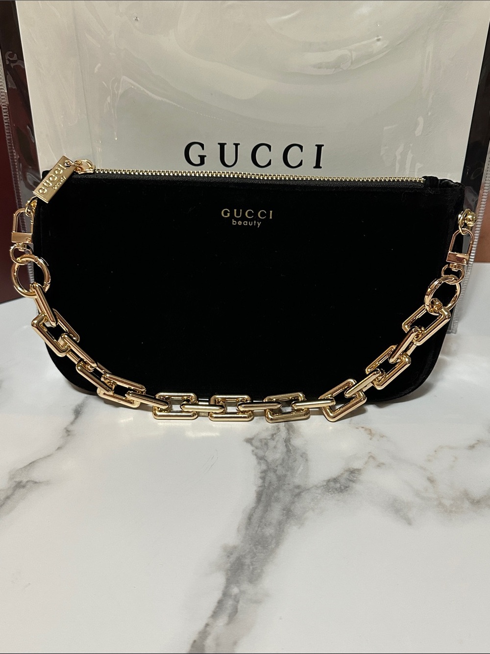 Gucci Black Velvet Cosmetic Pouch with Gold Accents, added Golden chain 🤩🖤 - Picture 9 of 12